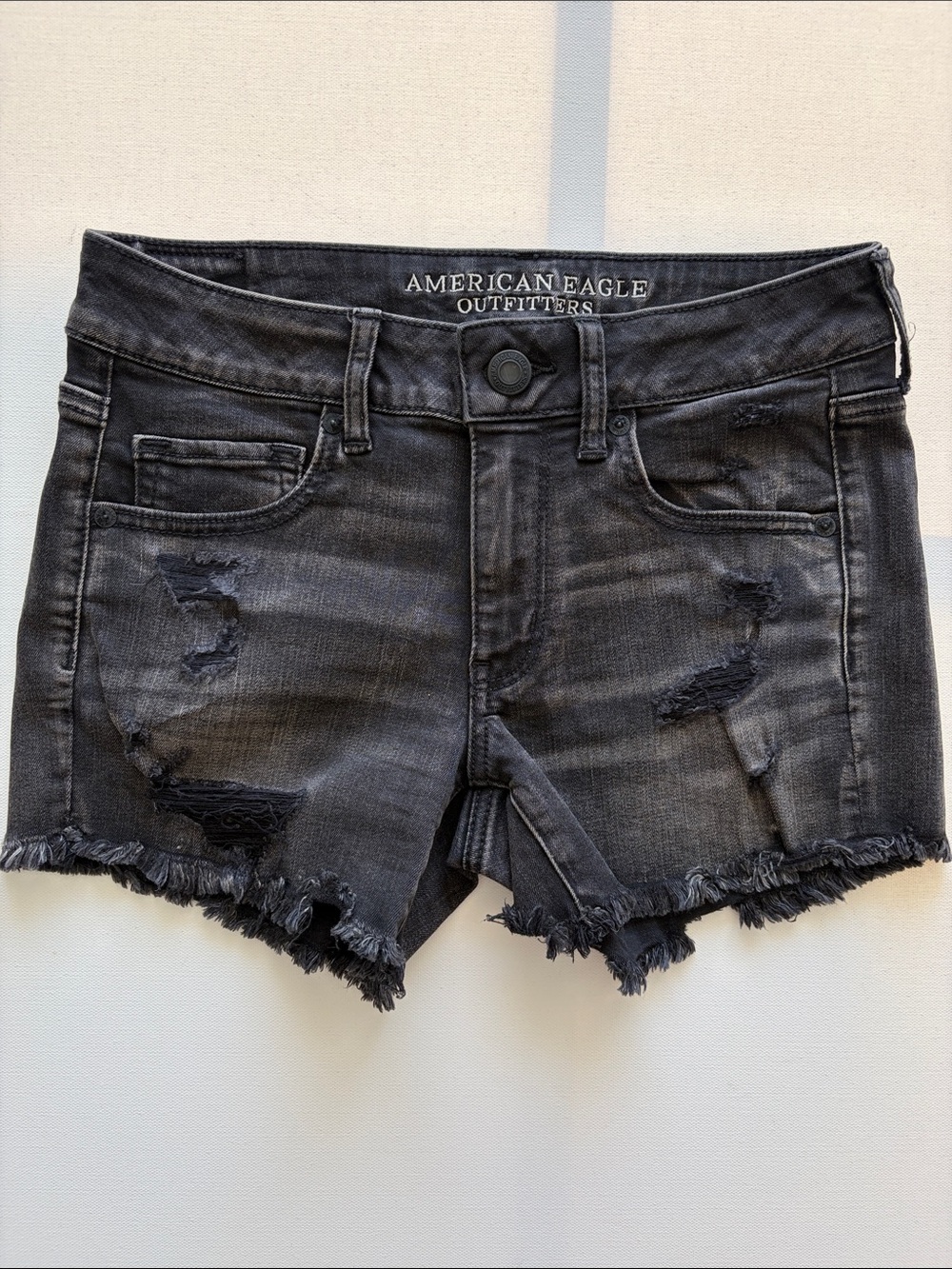 American Eagle Outfitters Black Distressed Frayed Jean Shorts size 6